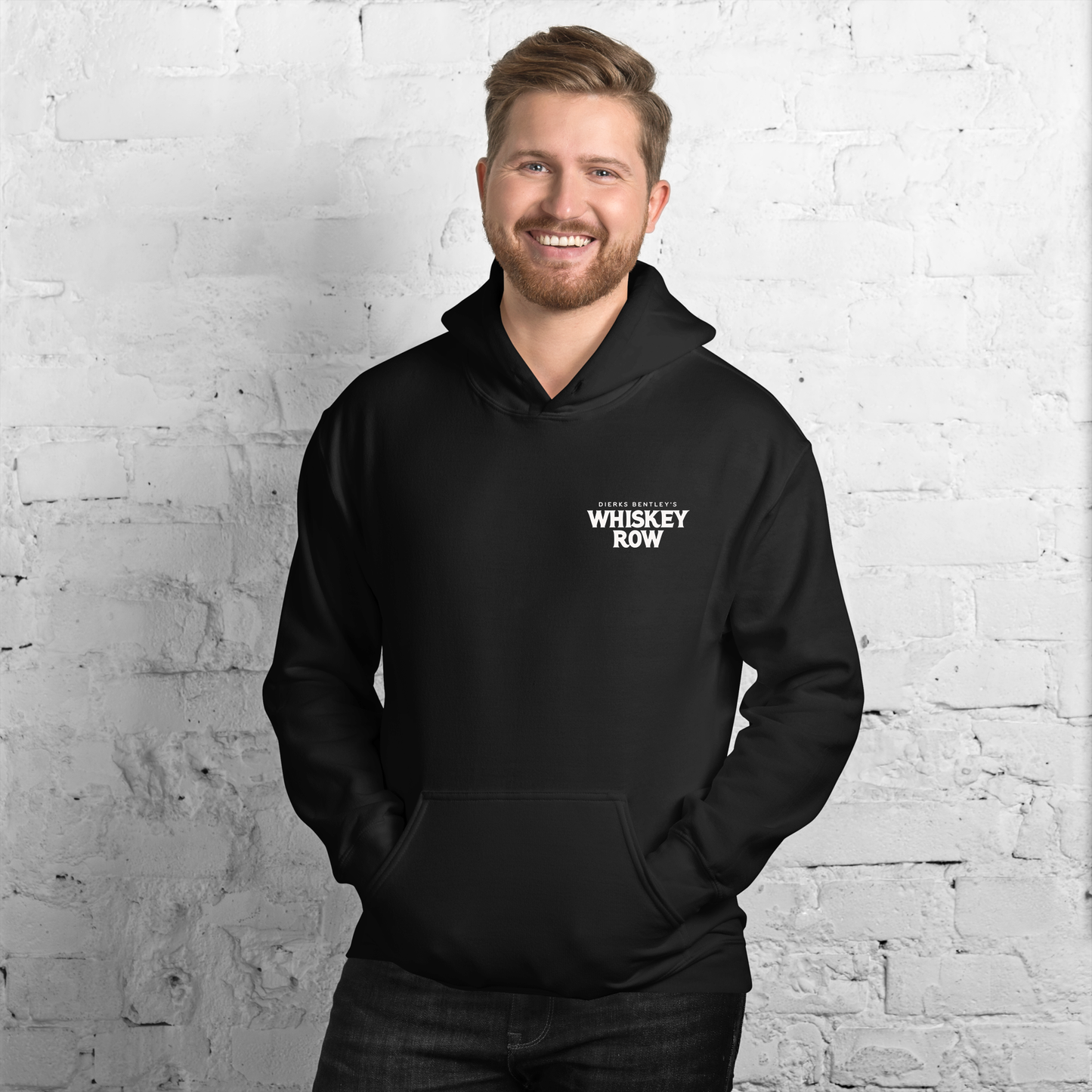 guy wearing Whiskey Row Black Hoodie
