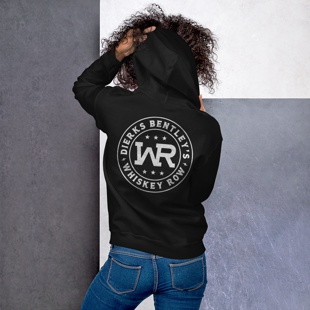 lady wearing Whiskey Row Black Hoodie back view