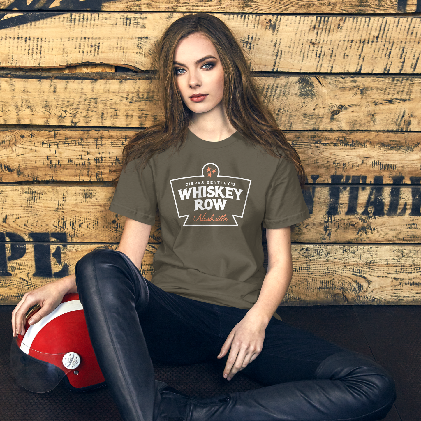 girl wearing dierks bentley's whiskey row Thunderbird Nashville Military Green Tee
