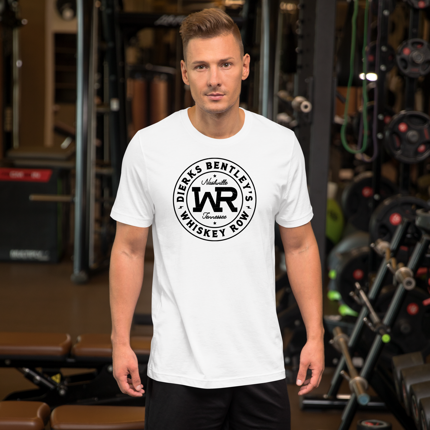 guy wearing Dierks Bentley Whiskey Row Crest Nashville White Tee at the gym