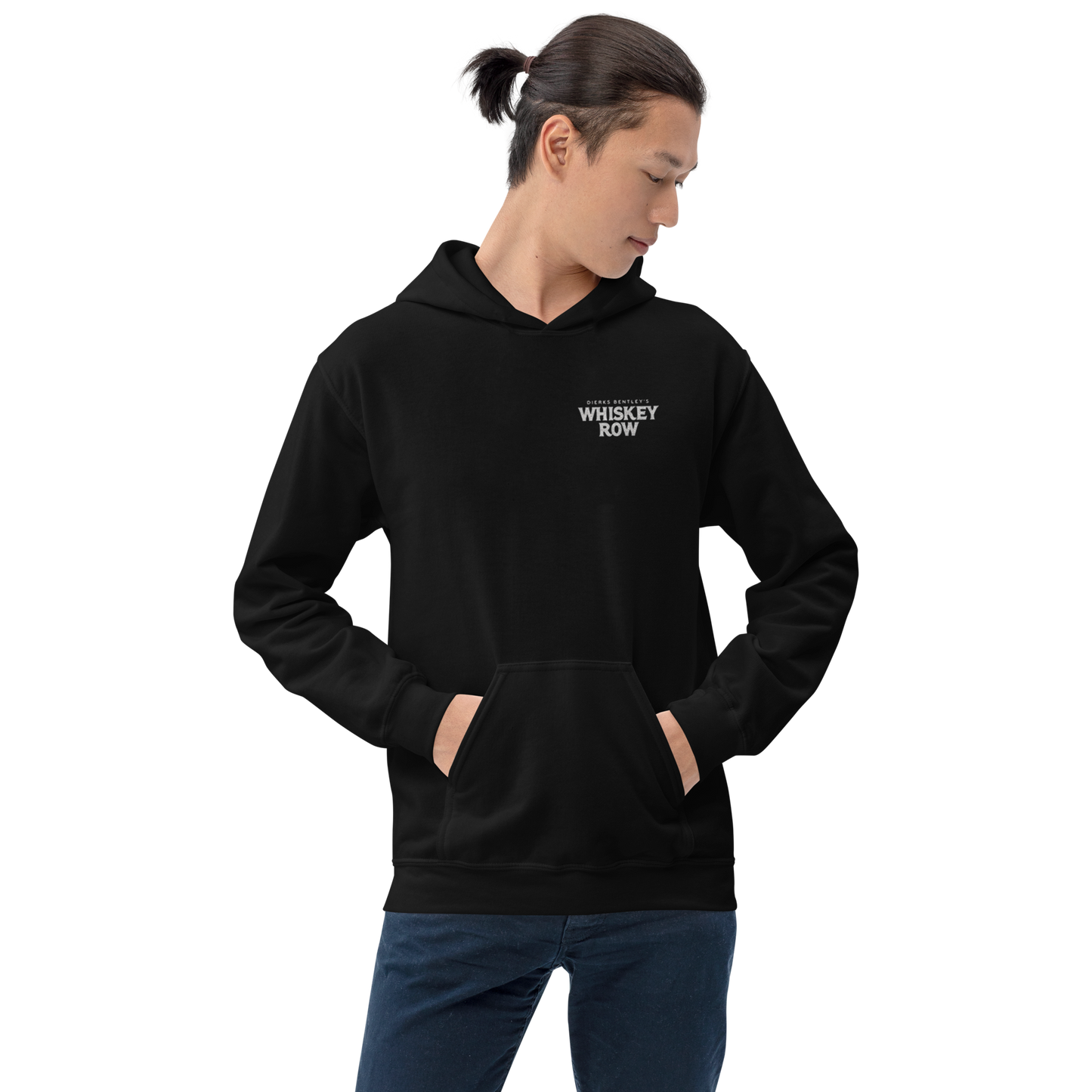 person wearing Whiskey Row Black Hoodie front view