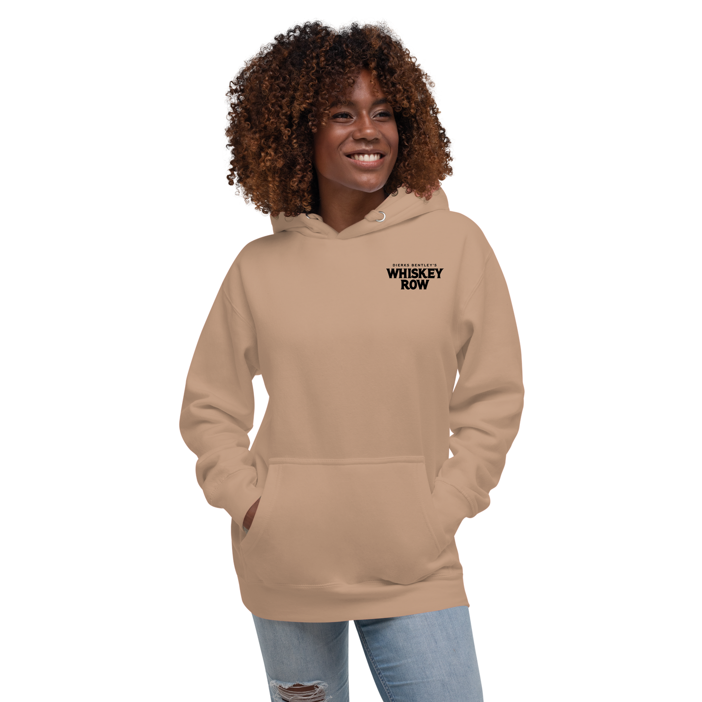 lady wearing Whiskey Row Hoodie sand color front view