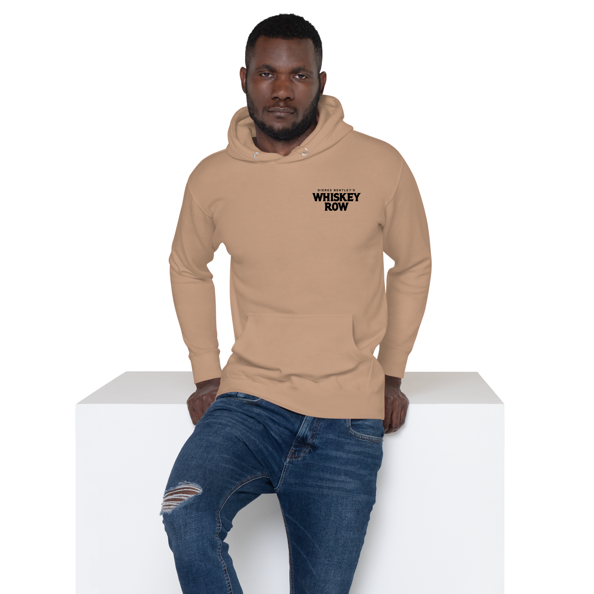 guy wearing Whiskey Row Hoodie sand color front view