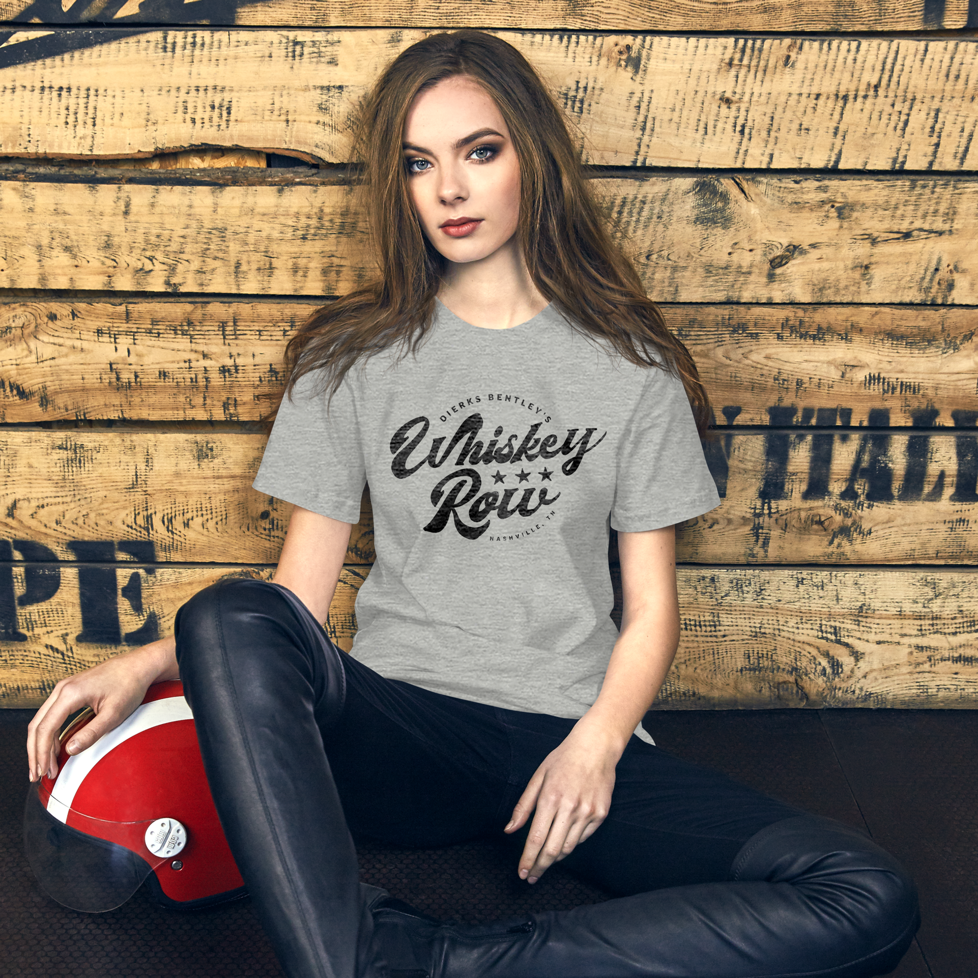 girl wearing Dierks Bentley’s Whiskey Row script logo tee