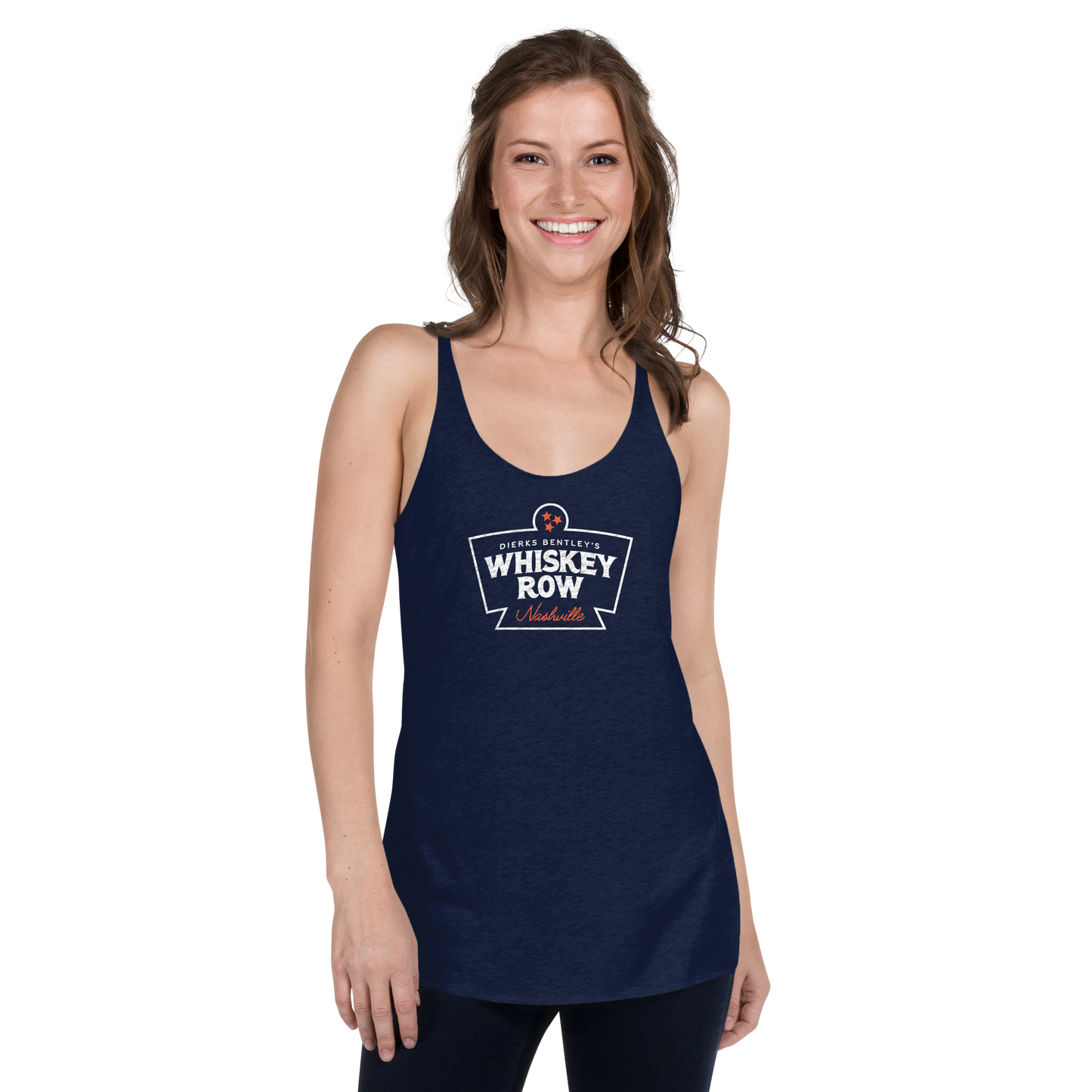 lady wearing razor bank navy cotton tank top dierks bentley whiskey row bar nashville tennessee