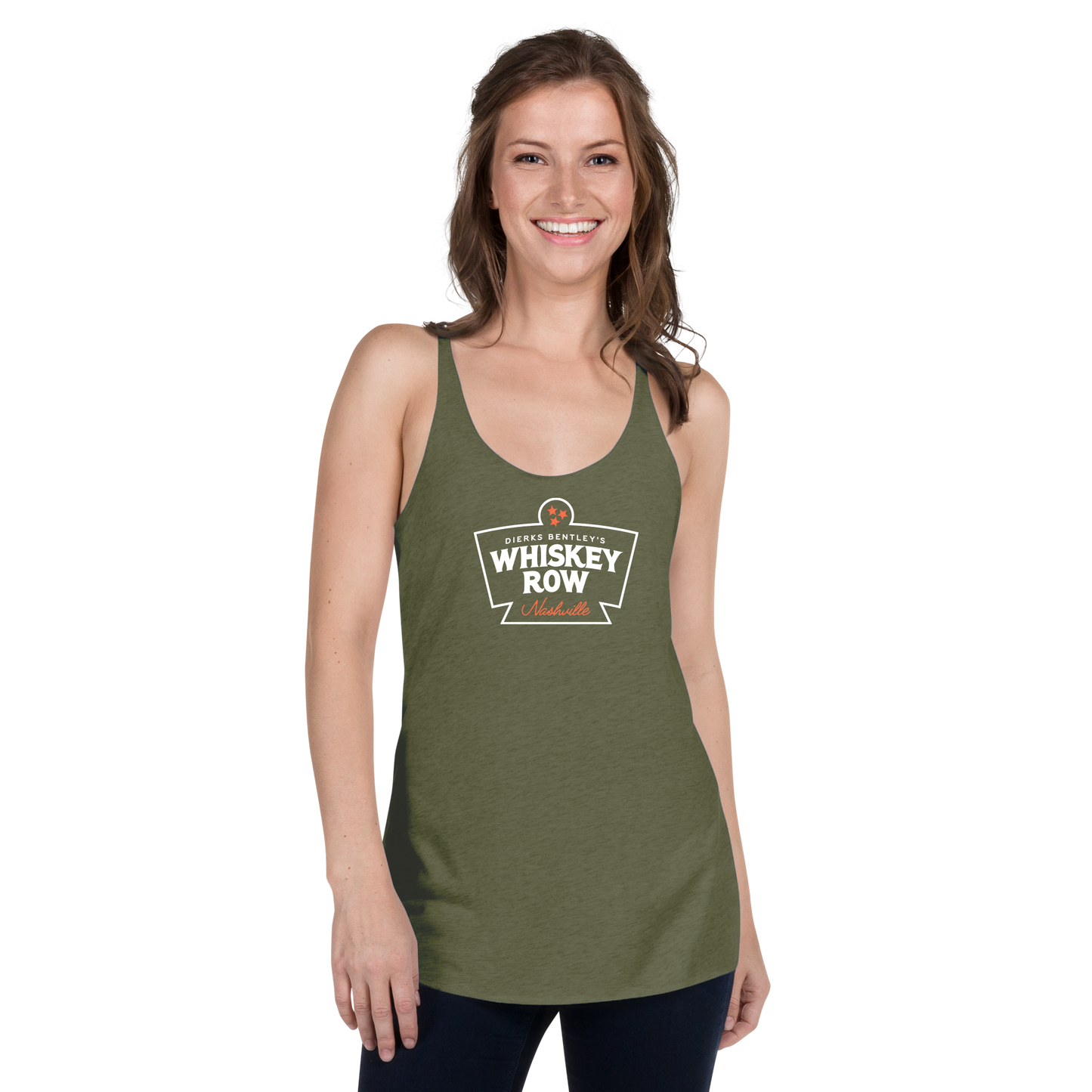 girl wearing Thunderbird Nashville - Ladies Military Green Tank