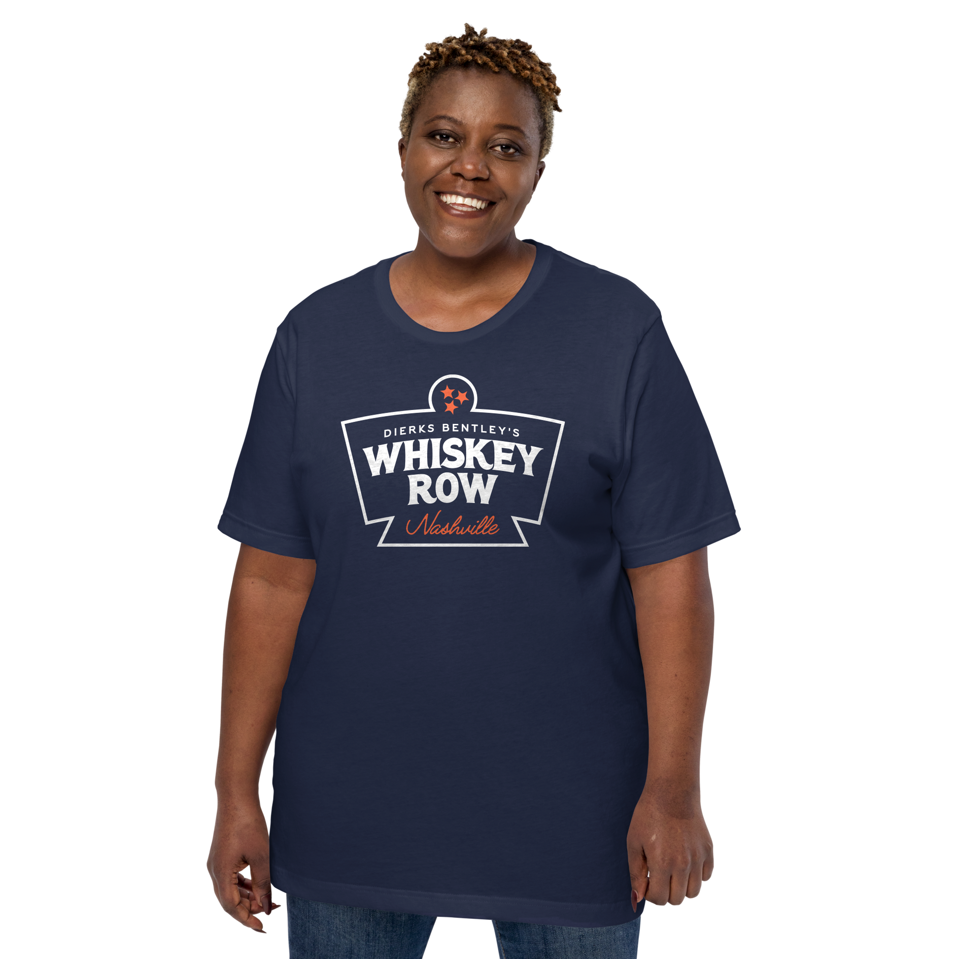 lady wearing Thunderbird Nashville Navy Tee, inspired by Dierks Bentley’s Whiskey Row